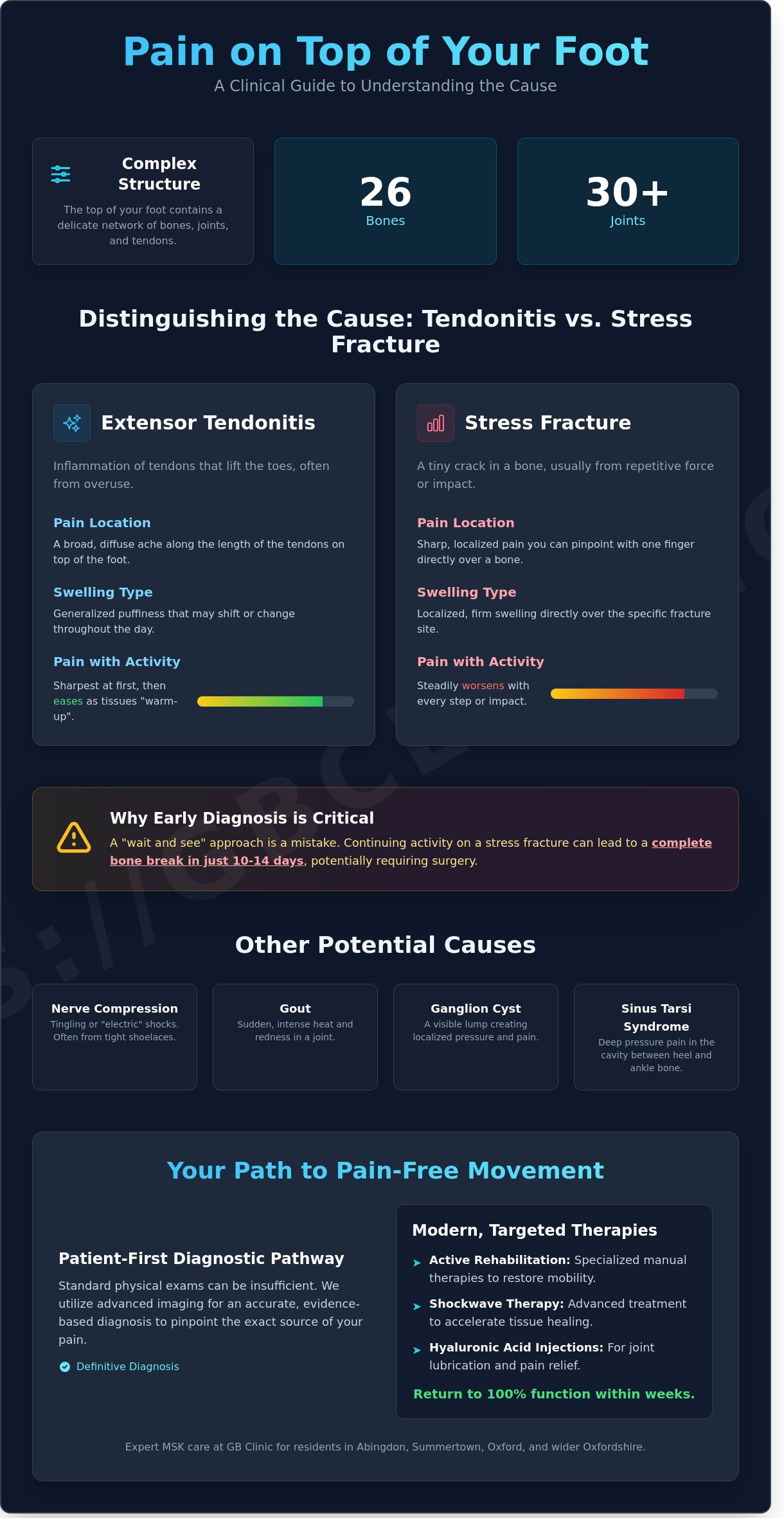 Foot Pain on Top of the Foot: Causes, Diagnosis, and Advanced Treatments in 2026 - Infographic